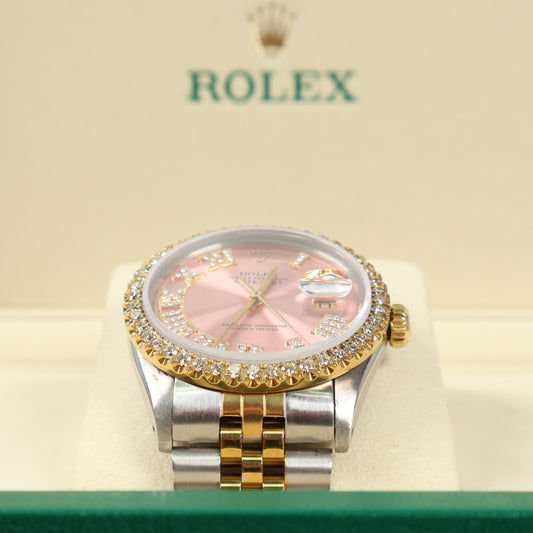 Rolex datejust Pink Face Dia Dial Roman Numbers - Diamond Bezel Ref 16013 Watch / 36mm /