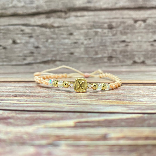 18K Yellow Gold Tejida Letter X Textured Square-Diamond Cut Balls Bracelet Adjustable / 0.86gr