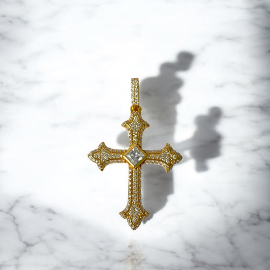 14K Yellow Gold Cross Pendant Lab Dia / 9gr