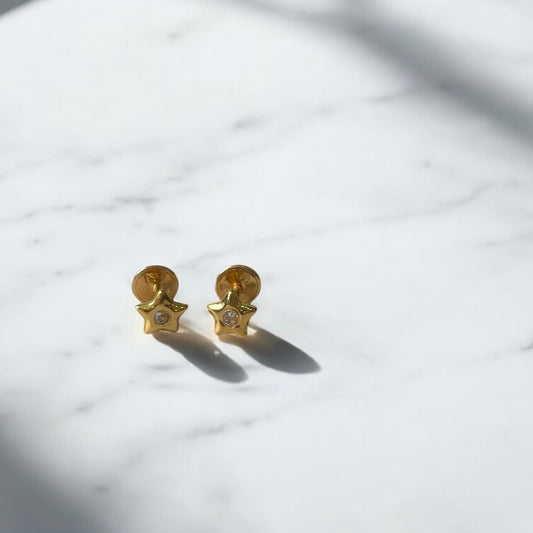 18K Yellow Gold Star Stud Earrings With Zircons / 0.5gr