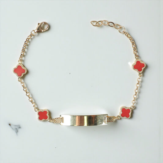 14K YG Baby Roll-on Name Plate With Red Clover Bracelet / 2.07gr / 2mm / 6in /
