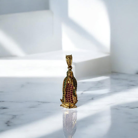 18K Yellow Gold Virgen Guadalupe Pendant With Green/Fucshia Zircons / 3.2gr