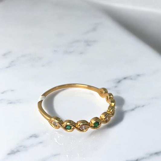 18K Yellow Gold Spiral Eyes Ring With Green/White Zircons / 1.5gr / Size 7.5