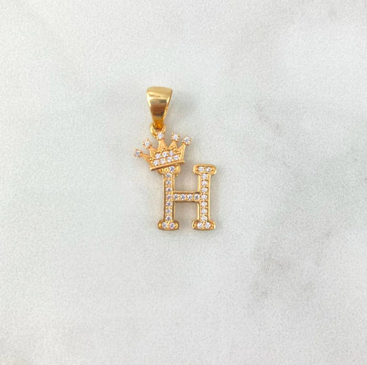 18K Yellow Gold Letter H With Crown Pendant With Zircons / 1.77gr / 1in