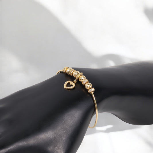 18K Yellow Gold Pd Heart Military Balls Diamond Cut Bracelet With Zircons / 8.7gr / 6mm