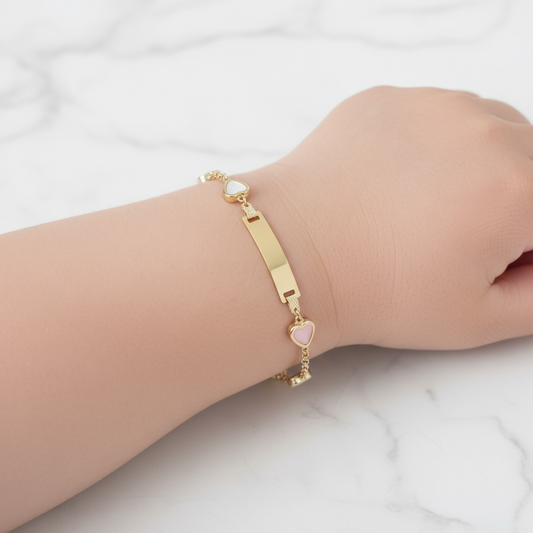 14K YG Baby Roll-on Name Plate With Pink Heart Bracelet / 2.66gr / 2mm / 6in /