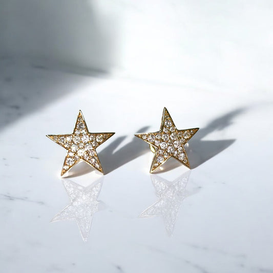 14K Yellow Gold Diamond Star Stud Earrings 0.80Ct / 2.7gr
