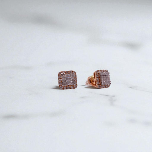 14K Rose Gold Diamond Square Stud Earrings 1.30Ct / 2.6gr
