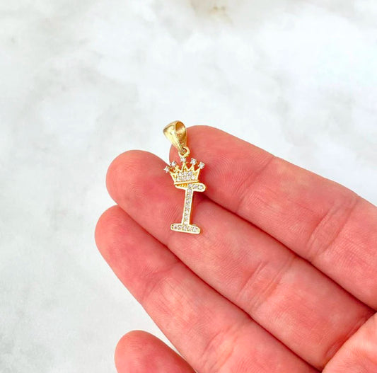 18K Yellow Gold Letter I With Crown Pendant With Zircons / 1.45gr / 1in