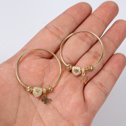 14K Yellow Gold Hoop With Charms Hoop Earrings With Diamond / 6.5gr