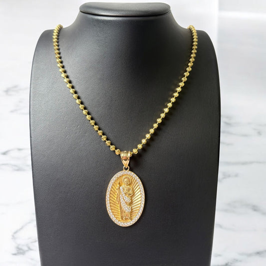 14K Yellow Gold San Judas Jewelry Set With Zircons / 28.2gr / 3.5mm / 20in