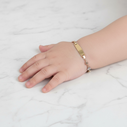14K 3 Tone Baby Name Plate Flowers Bracelet / 2.35gr / 4.3mm / 6in /