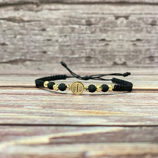 18K Yellow Gold Tejida Letter I Textured Circle-Diamond Cut Balls Bracelet Adjustable / 0.91gr