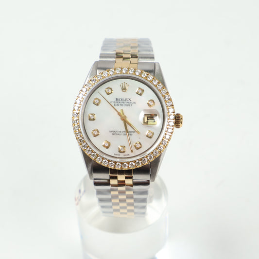 Rolex Datejus Two Tone MOP Dia Dial - Diamond Bezel Watch / 36mm / Wt Dia