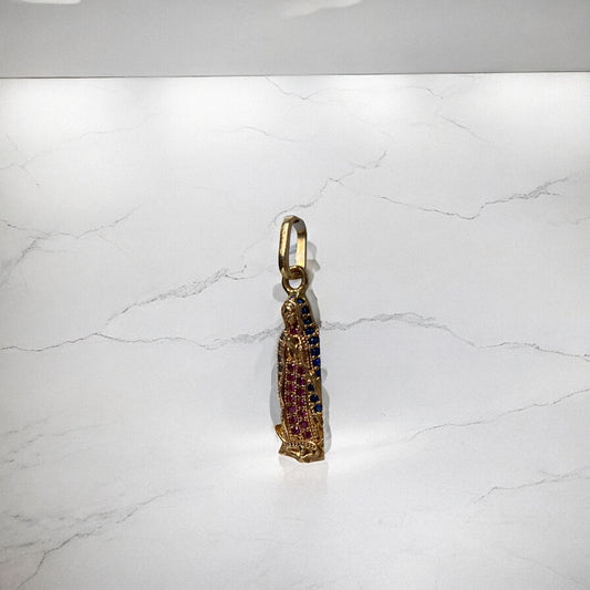18K Yellow Gold Virgen De Guadalupe Pendant With Fucshia/Blue Zircons / 1.7gr