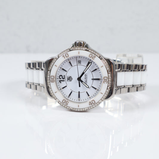 Tag Heuer Formula 1 Ladies White Ceramic Diamond Bezel Watch / / 37mm /
