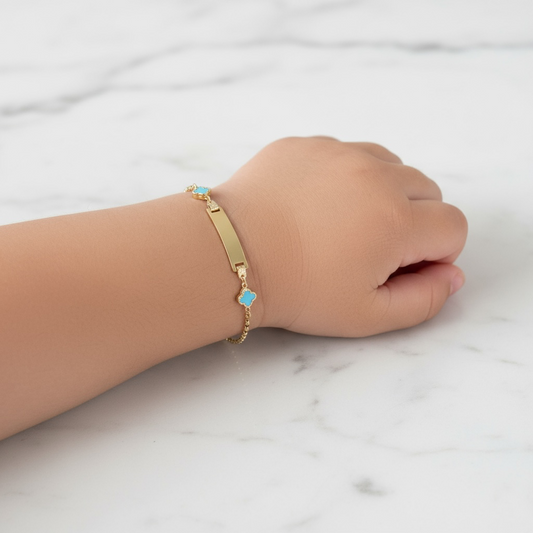 14K YG Baby Roll-on Name Plate With Sky Blue Clover Bracelet / 1.5gr / 2mm / 6in /