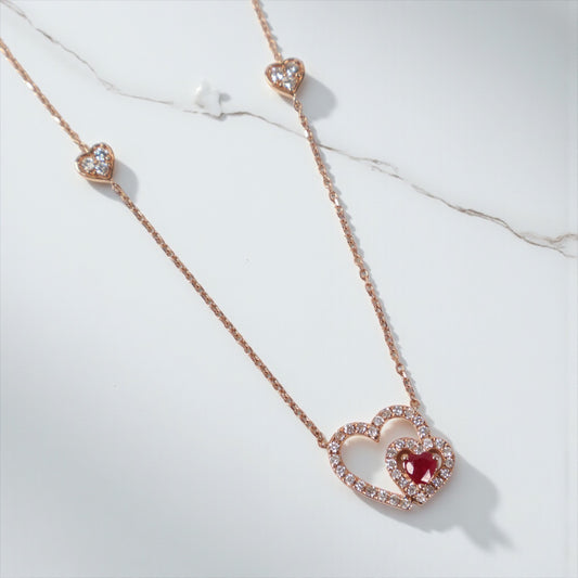 14K RG Diamond Double Heart With Ruby Set Jewelry / 2.94gr / 1mm / 18in / R-0.25Ct / D-0.4Ct