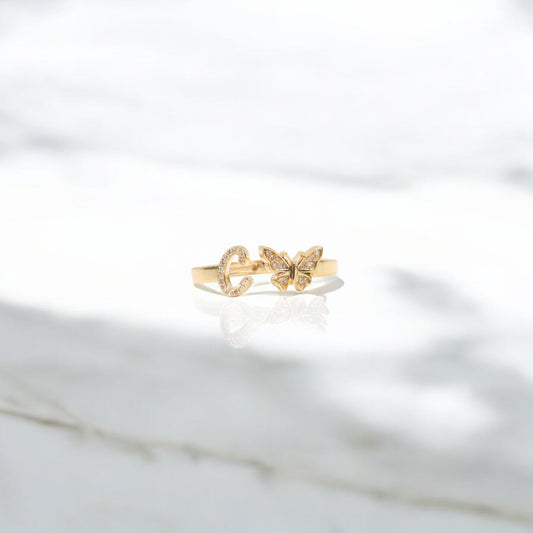 10K YG Diamond Butterfly - Letter C Rings / 2.15 / Sz 7 / 0.08Wt Dia