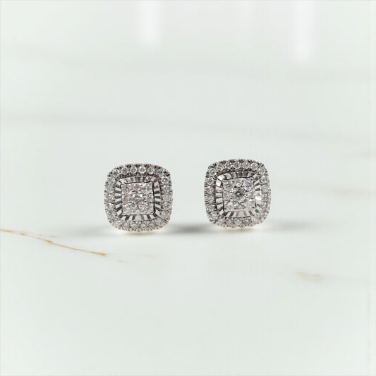10K WG Diamond Double Square Fashion Stud Earrings / 2.4gr / 8mm / D 0.45Ct