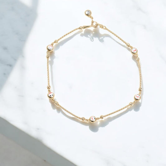 14K Yellow Gold Happy Face White Anklet With Zircons / 5gr / 1.4mm / 9in