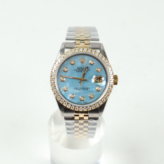 Rolex Datejus Two Tone MOP Tiffany Dia Dial - Diamond Bezel Watch / 36mm / Wt Dia