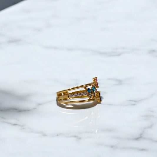 18K Yellow Gold Three-Line Butterflies Ring With Colored Zircons / 4.4gr / Size 7 1/4