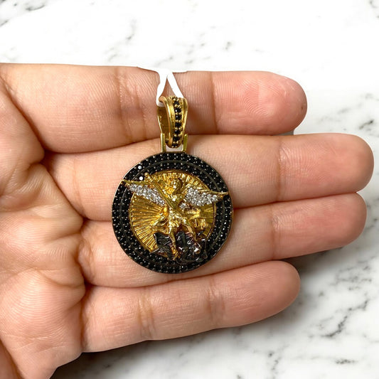 18K Yellow Gold Arcangel San Miguel Pendant With Black Zircons / 12gr