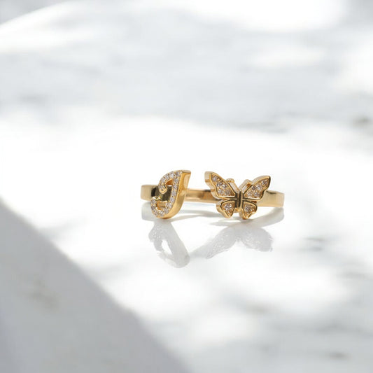 10K YG Diamond Butterfly - Letter J Rings / 2.15gr / Sz 7 / 0.1Wt Dia