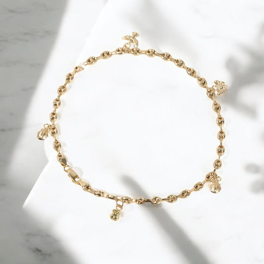 18K Yellow Gold Gc-Oso Ts-Ladybug-Butterfly-Holy Spirit- Anklet / 4.8gr / 4mm / 9.5in