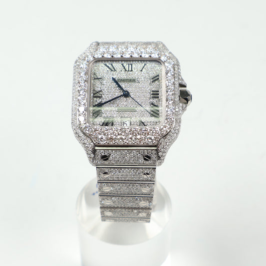Cartier Santos Bustdown White Roman Numbers - Big Diamonds Bezel Watch / 41mm / Wt Dia