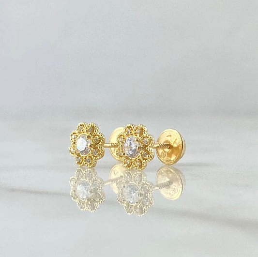18K Yellow Gold Flower Stud Earrings With Zircons / 1.25gr / 7mm