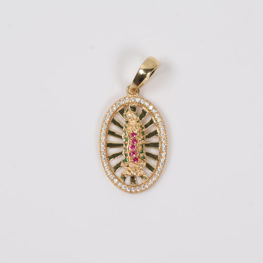 18K YG Virgin Of Guadalupe Pendant / 4.5gr / 1in / Green-Fucshia-White Zircons