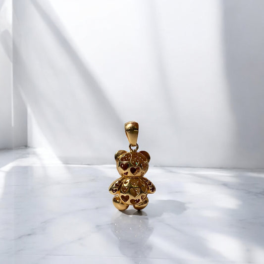 18K Yellow Gold Bear Pendant With White/Green Zircons / 7.8gr