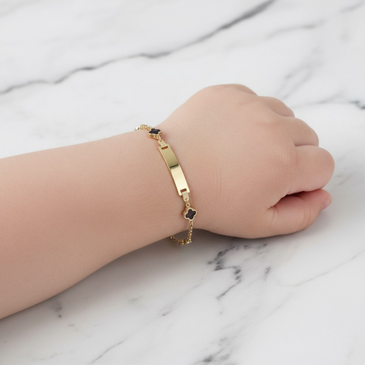 14K YG Baby Roll-on Name Plate With Black Clover Bracelet / 2.23gr / 2mm / 6in /