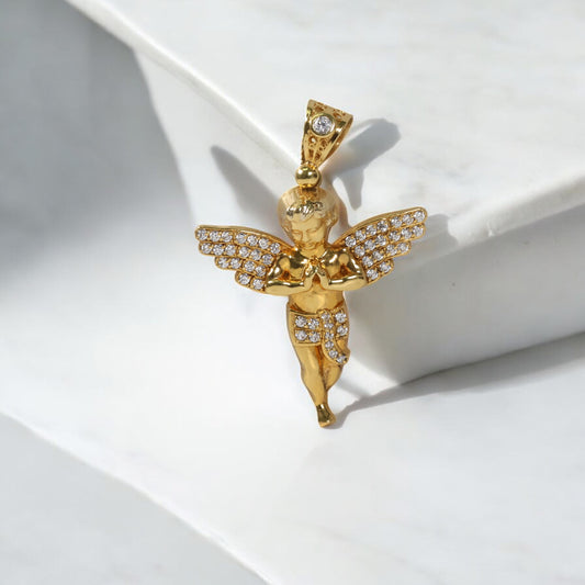 10K YG Angel Pendant / 4gr / 1.8in / White Zircons