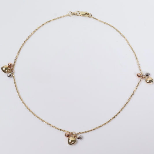 14K 3 Tone Little Hearts - Diamond Cut Balls Anklet / 2.3gr / 0.8mm / 10in /