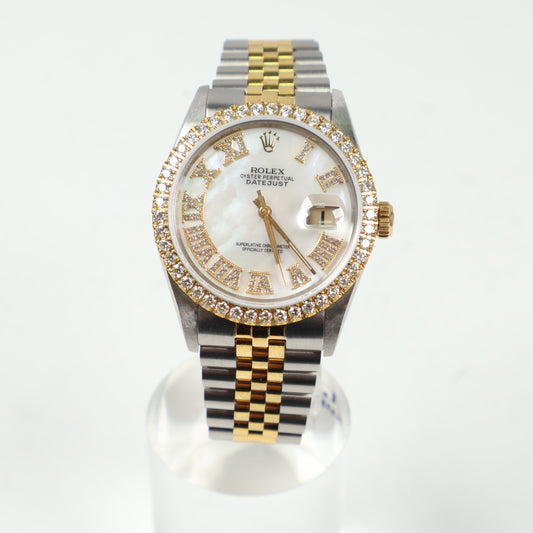 Rolex Datejust Two Tone MOP Roman Dial / Quick Set - Diamonds Bezel Watch / Wt Dia