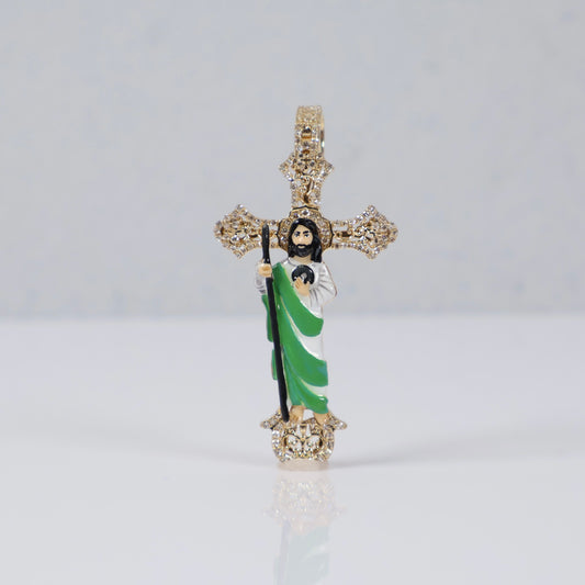 10K YG Diamond Cross With St. Jude Thaddeus Pendant / 7.96gr / 2in / 0.46Ct Dia