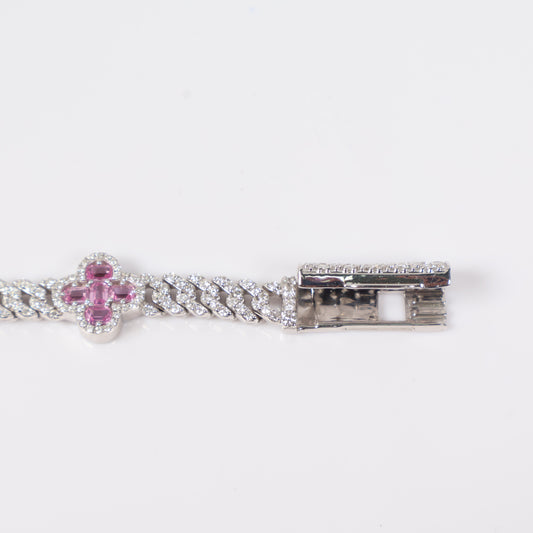 14K WG Cuban links Bustdown With Sappire Clovers Bracelet / 29.15 / 6.4mm / 7in / D-4Ct / S-3.31