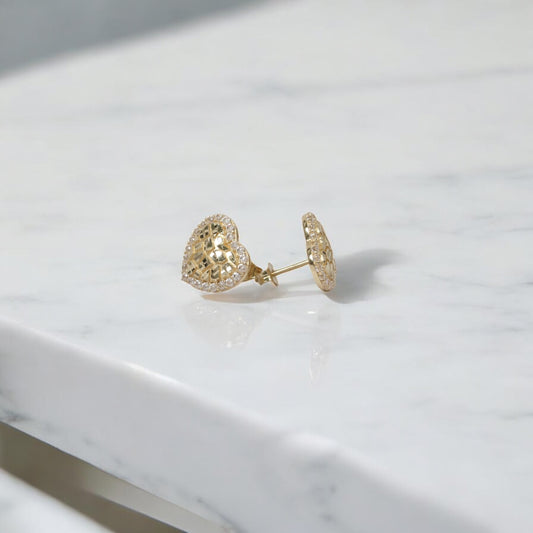 14K YG Luxury Heart Stud Earrings / 2.51gr / 13mm /