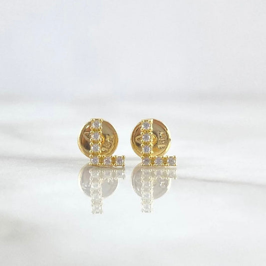 18K Yellow Gold Letter L Stud Earrings With Zircons / 0.6gr / 6mm