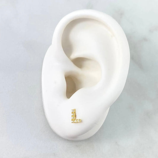 18K Yellow Gold Letter L Stud Earrings With Zircons / 0.6gr / 6mm