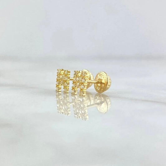 18K Yellow Gold Letter M Stud Earrings With Zircons / 0.8gr / 6mm