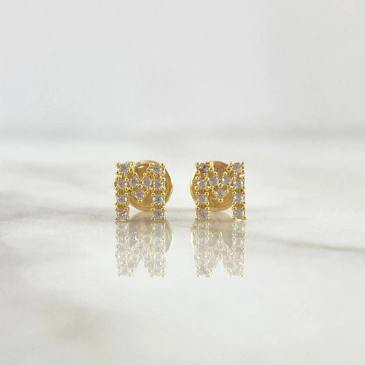 18K Yellow Gold Letter M Stud Earrings With Zircons / 0.8gr / 6mm