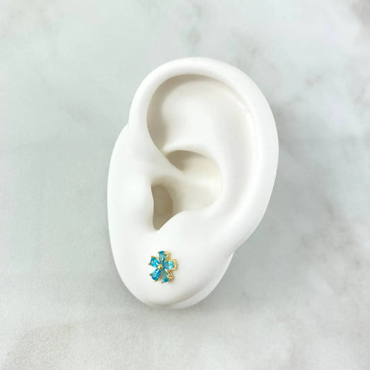 18K Yellow Gold Five Petal Flower Stud Earrings With Sky Blue Zircons / 1.1gr / 7mm