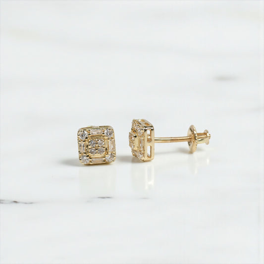 10K YG Diamond Double Square Fashion Stud Earrings / 1.06gr / 6mm / D 0.35Ct