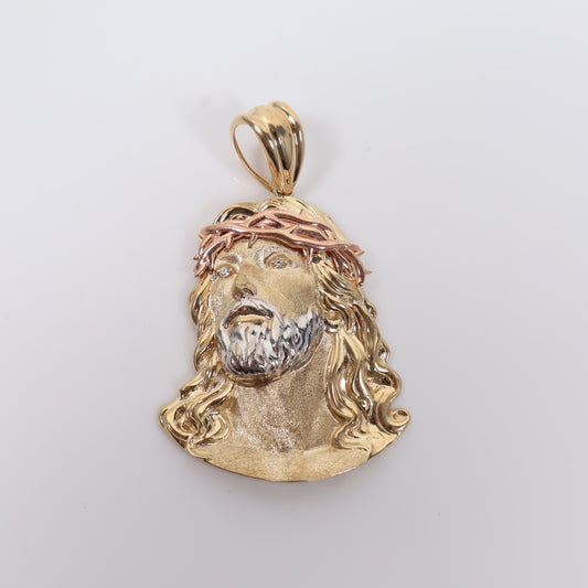 14K 3 Tone Big Jesus Face Pendant / 8.9gr / 1.6in / White Zircons