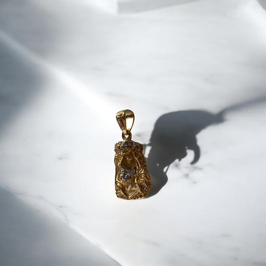 18K Yellow - White Gold Jesus Face Pendant With Zircons / 6.3gr