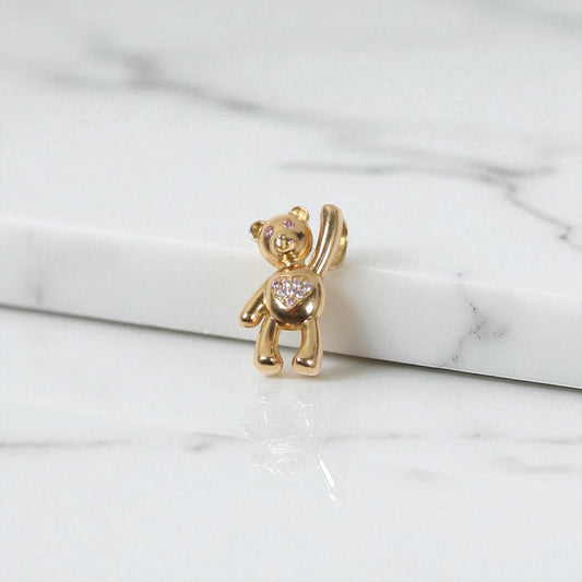 18K Yellow Gold Heart Bear Pendant With Pink/White Zircons / 4gr